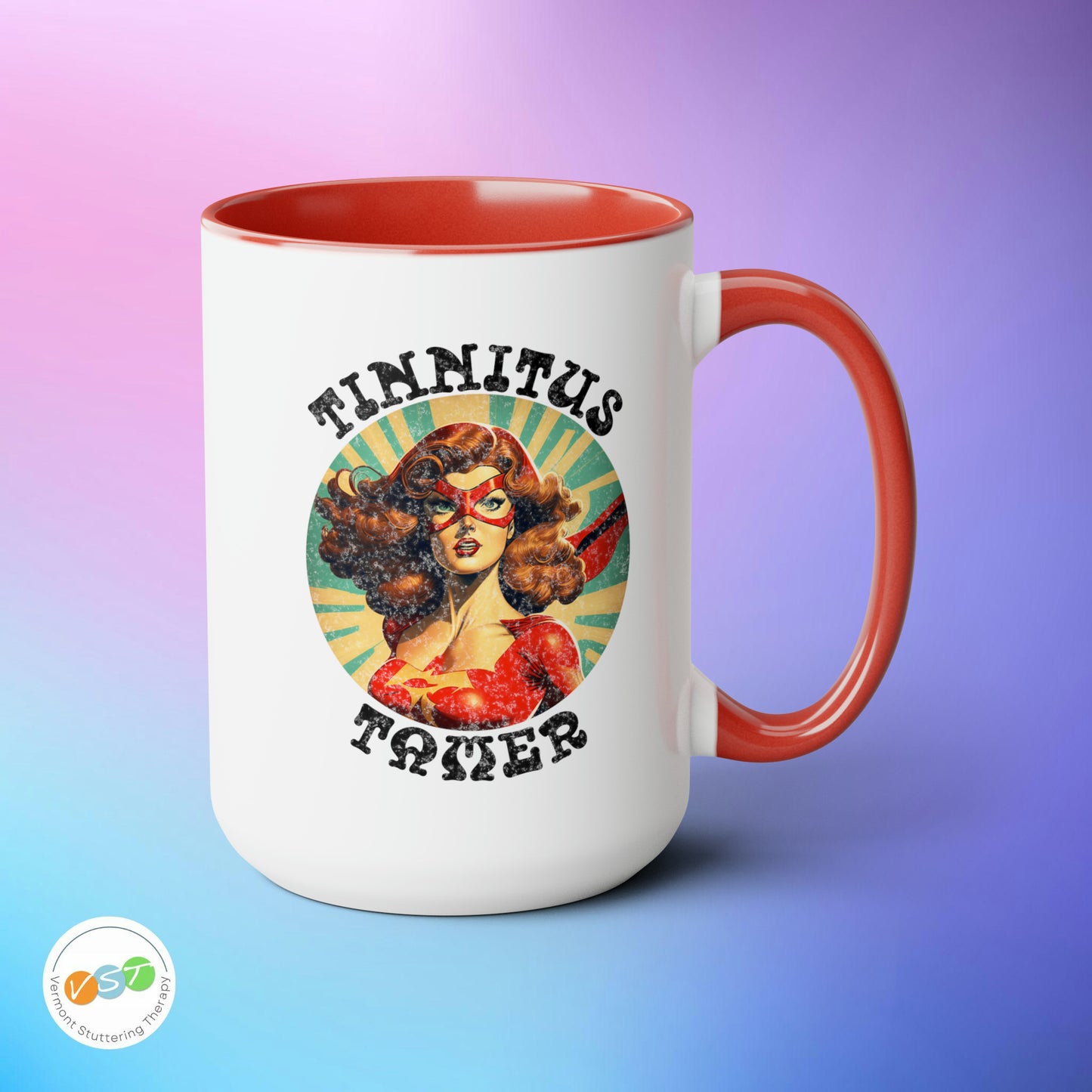 Tinnitus Tamer Pulp Art Superhero Audiologist Mug, 15 oz