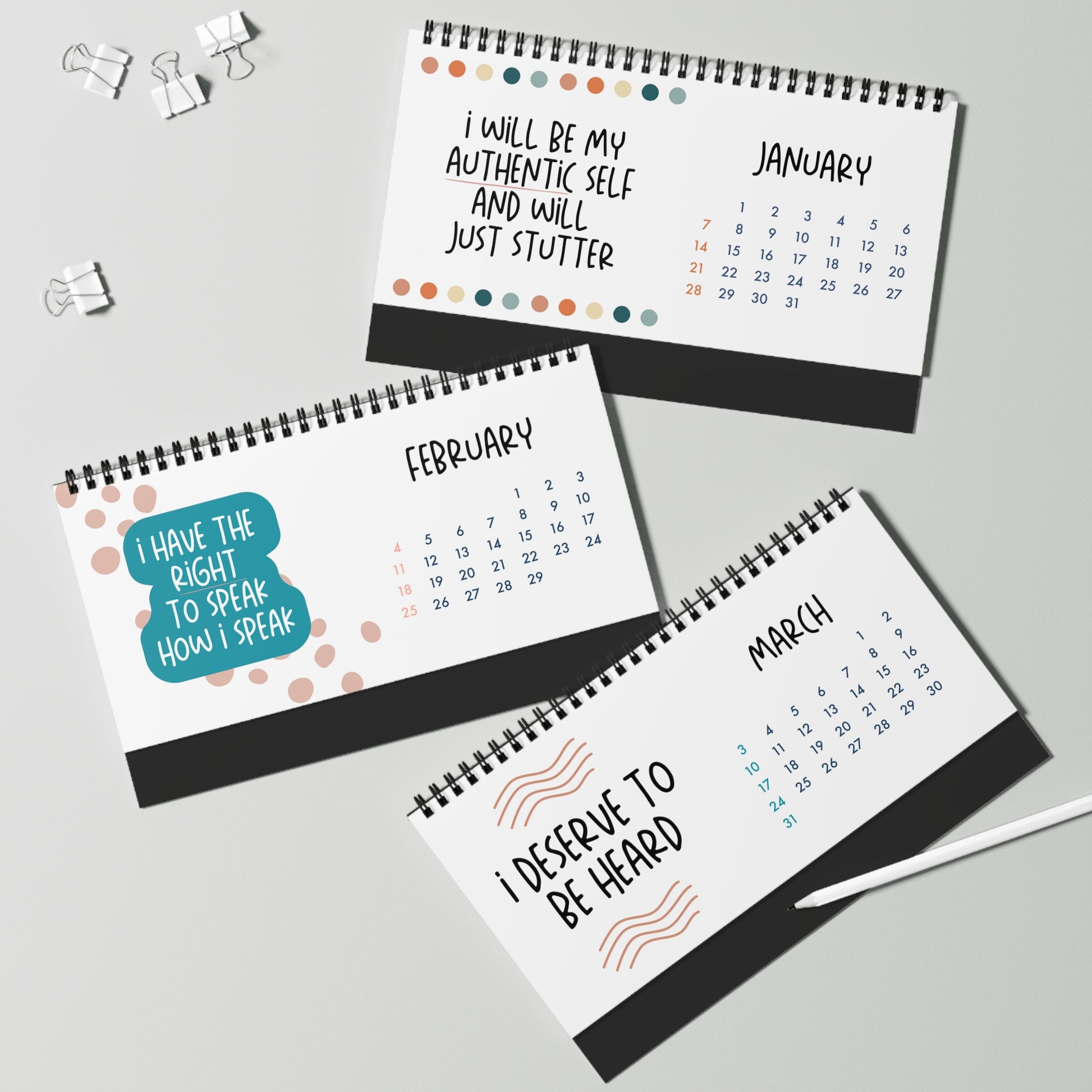 Stuttering Affirmation Motivational Quotes Monthly Desk Calendar 2024 