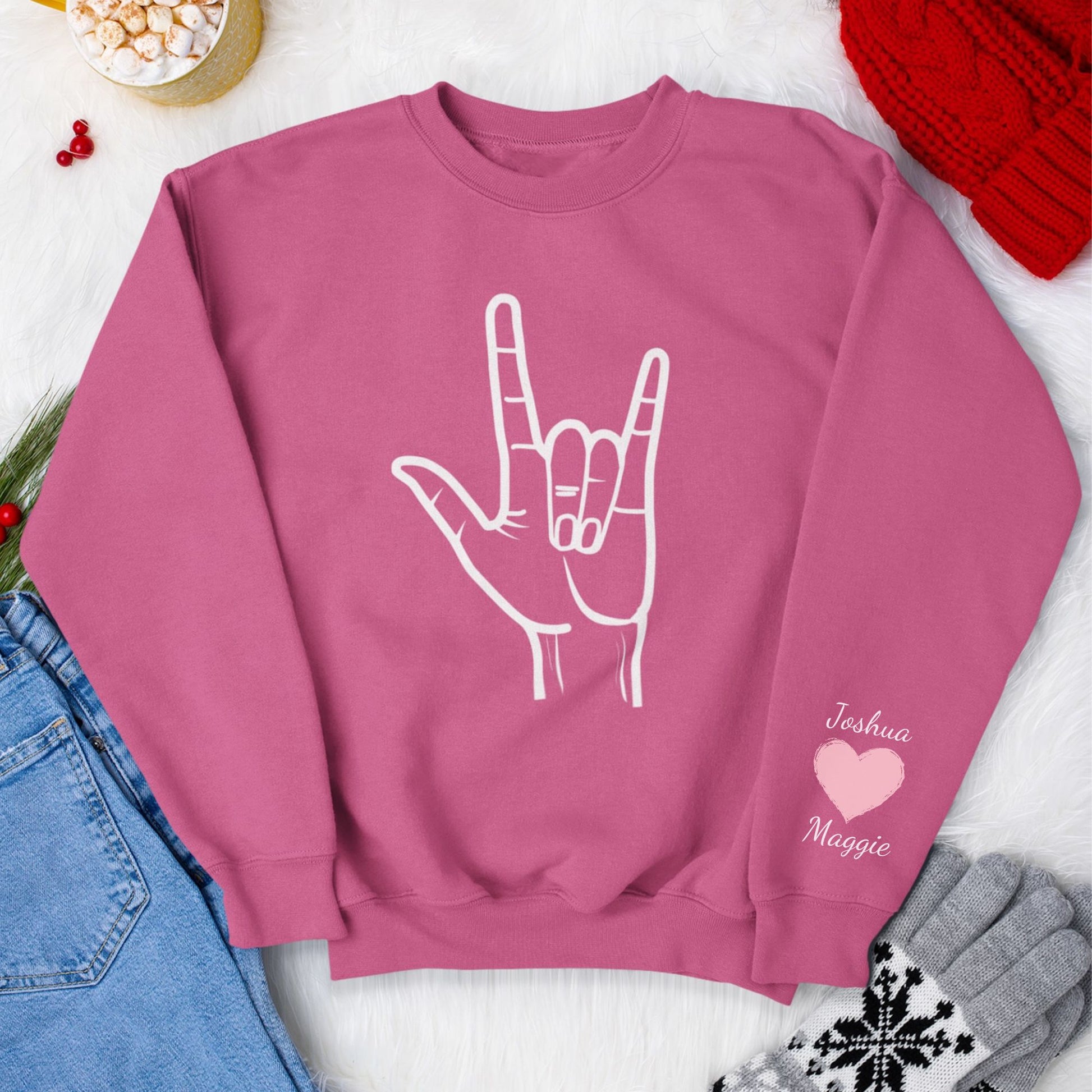ASL I Love You Valentine's Day Custom Sweatshirt with Names on Sleeve Print Gift for Girlfriend