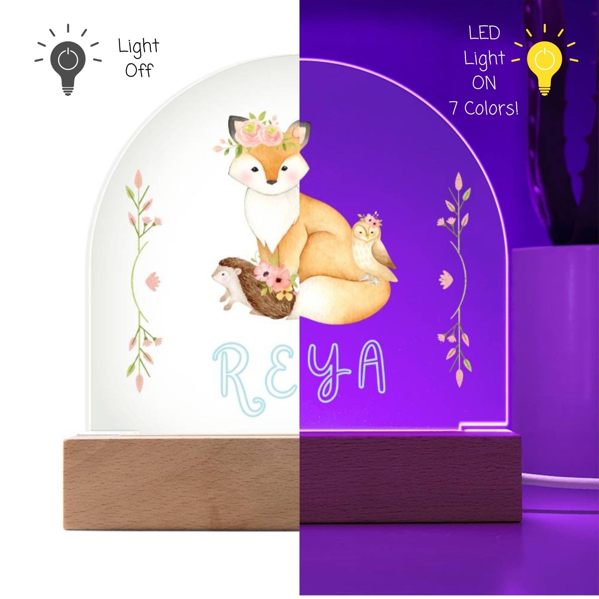 Custom Name Woodland Creature LED Acrylic Night Light for Child