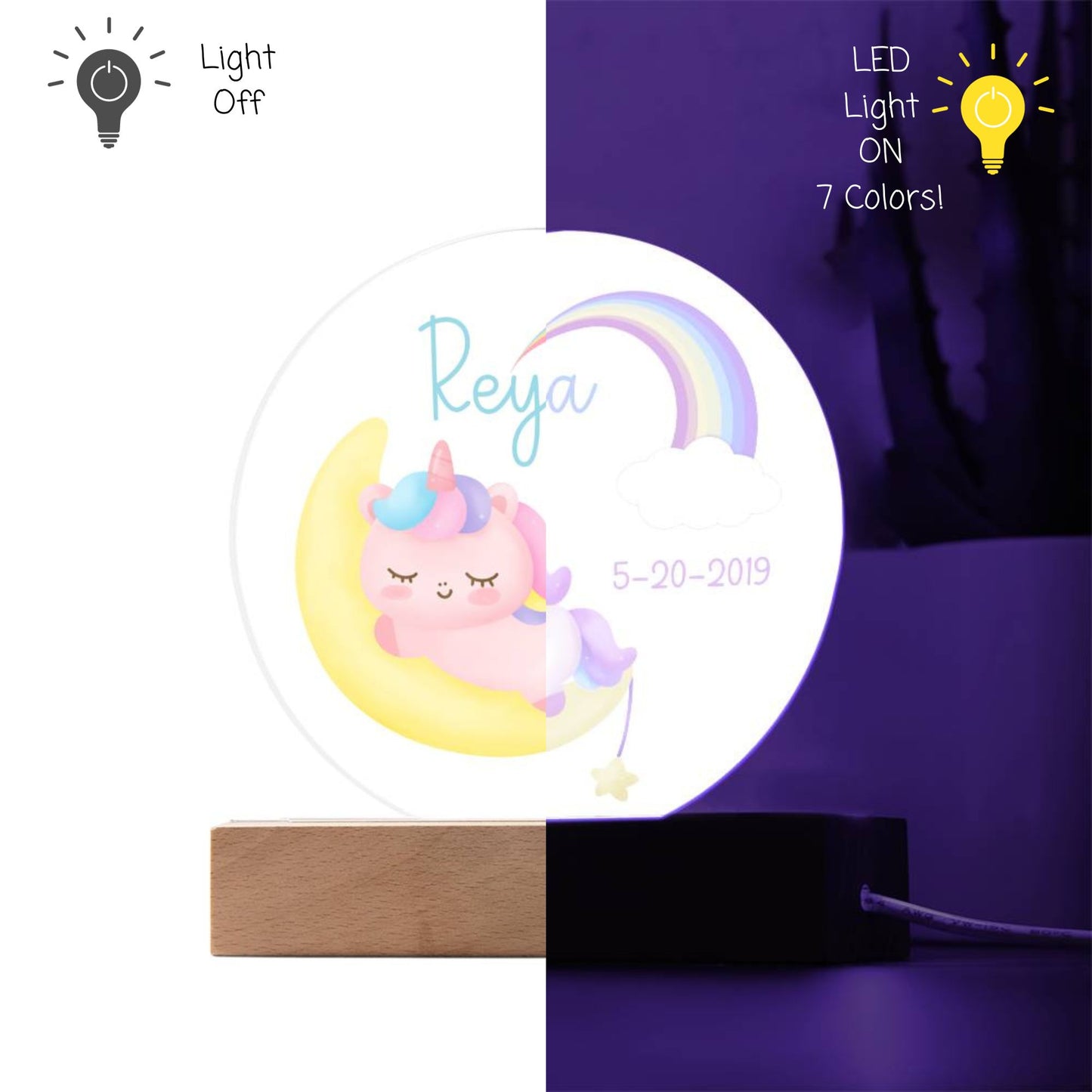 Custom Name and Birthdate Sleeping Unicorn Rainbow - LED Acrylic Night Light for Child