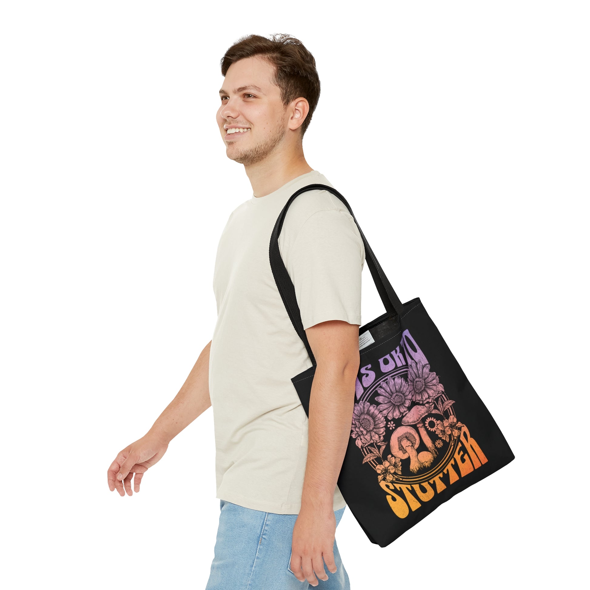 "It's OK to Stutter" Tote Bag Groovy Mushroom Retro Gift