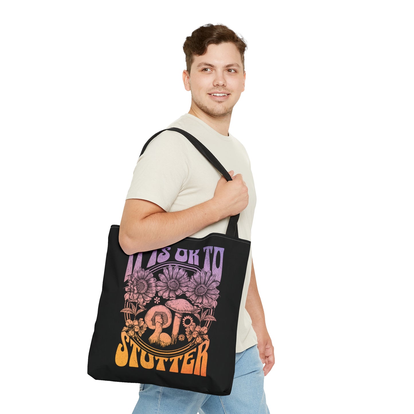 "It's OK to Stutter" Tote Bag Groovy Mushroom Retro Gift