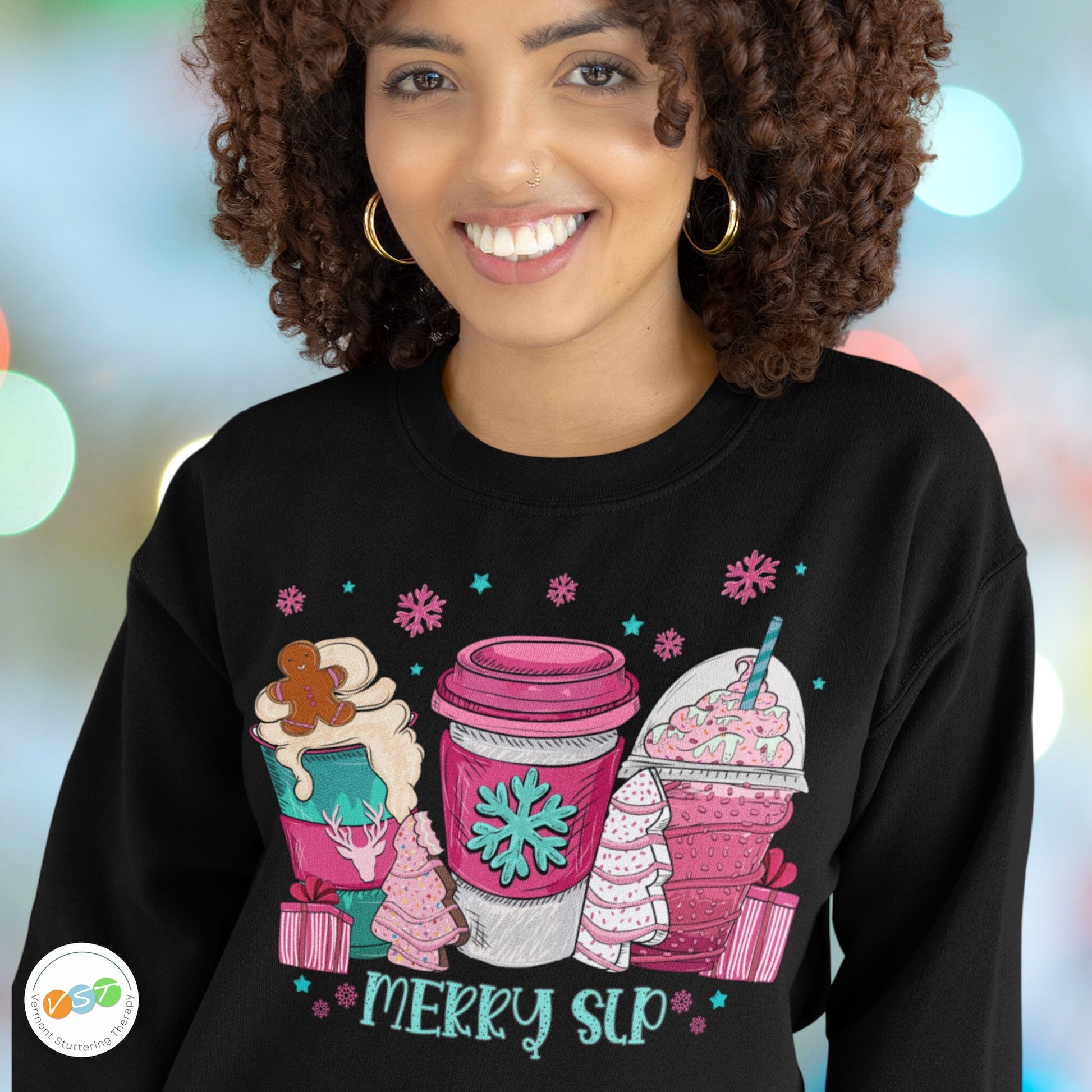 Merry SLP Pink and Blue Coffee Cup Christmas Sweatshirt