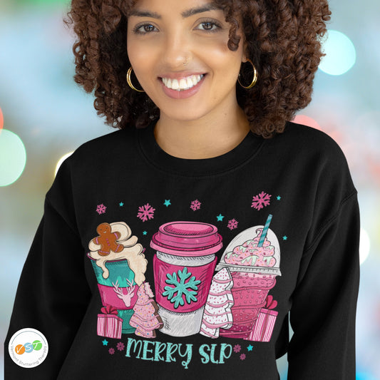 Merry SLP Pink and Blue Coffee Cup Christmas Sweatshirt