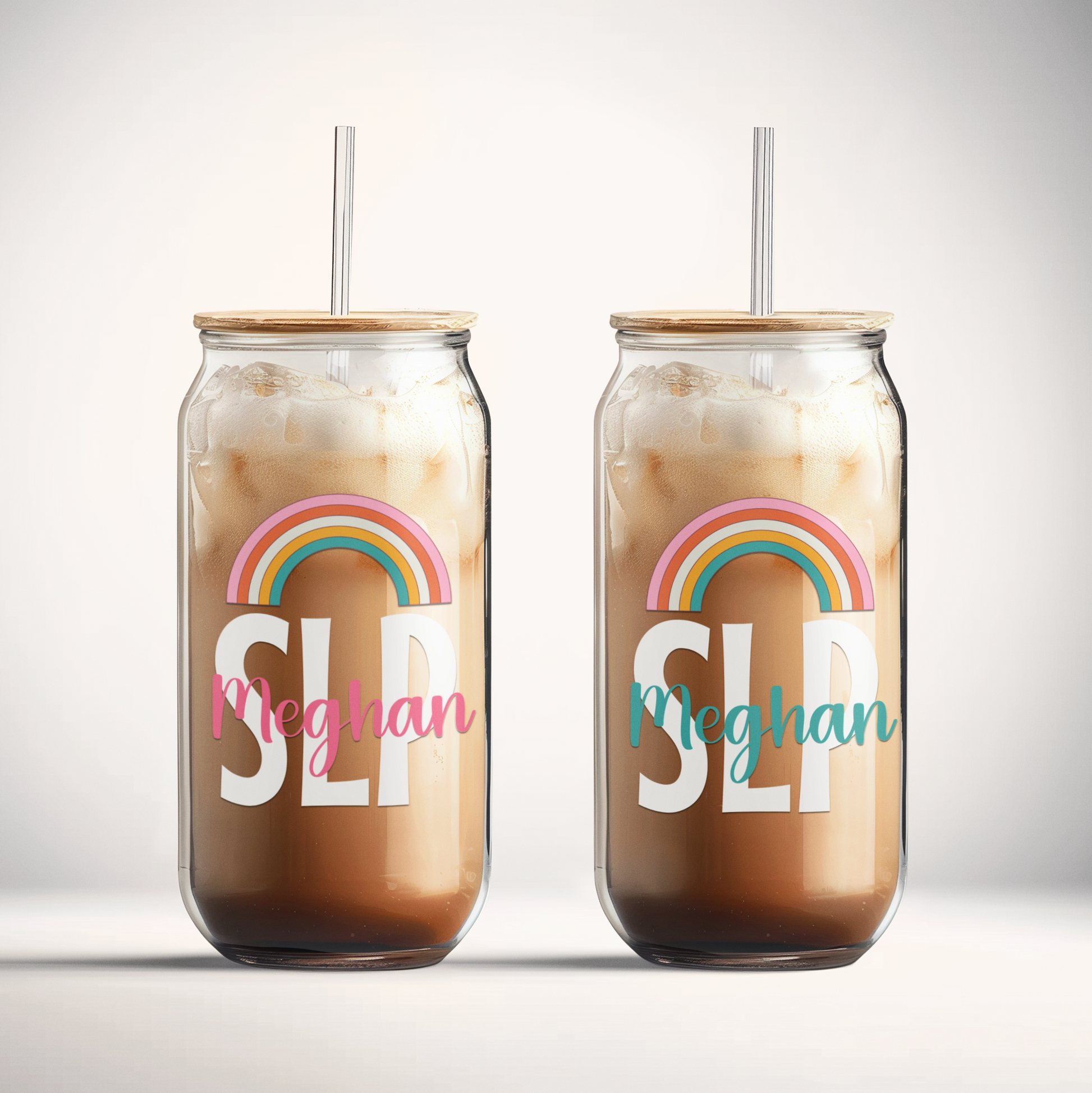 Custom SLP Sipper Glass With Lid & Straw, Rainbow Sculpted Drinking Iced Coffee Glass, Personalized Speech Language Pathology Student Gift