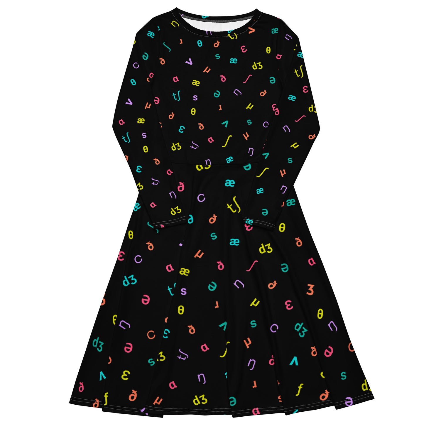 IPA Phonetic Symbol Long Sleeve Midi Dress - Black