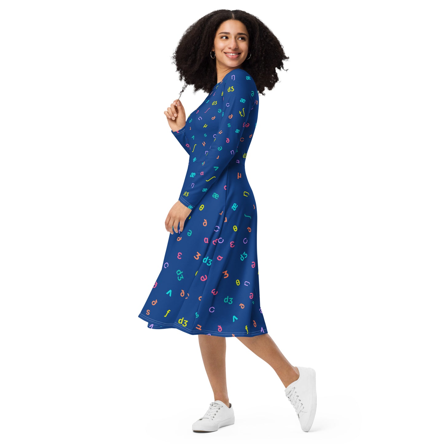 IPA Phonetic Symbol Long Sleeve Midi Dress - Blue