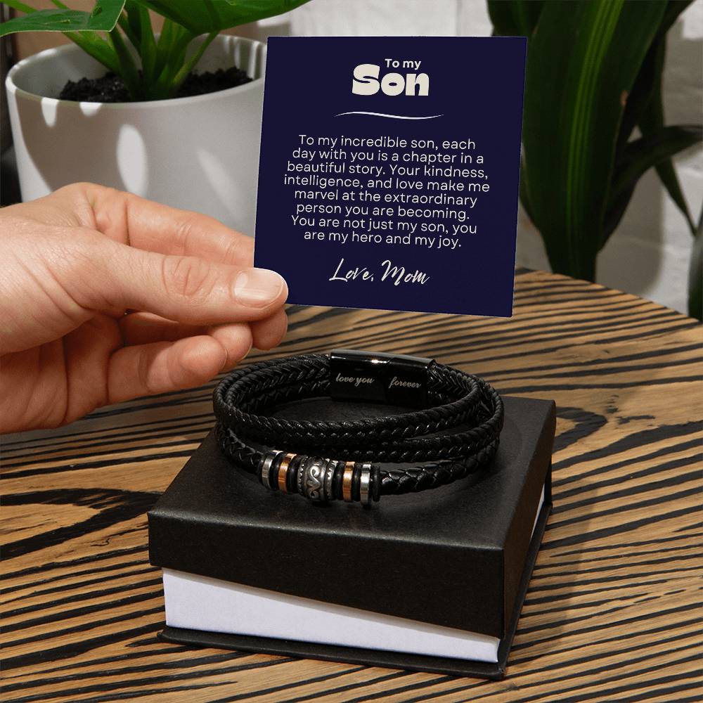 Sentimental Gift for Son from Mom - Love You Forever Braided Vegan Leather Bracelet