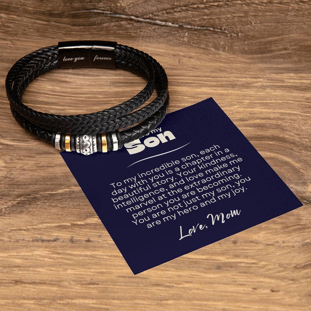 Sentimental Gift for Son from Mom - Love You Forever Braided Vegan Leather Bracelet