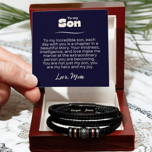 Sentimental Gift for Son from Mom - Love You Forever Braided Vegan Leather Bracelet