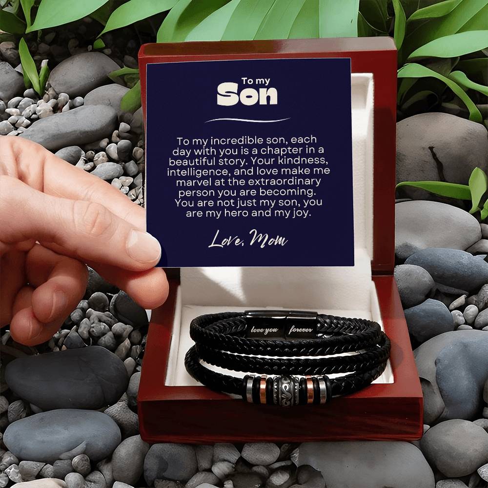 Sentimental Gift for Son from Mom - Love You Forever Braided Vegan Leather Bracelet