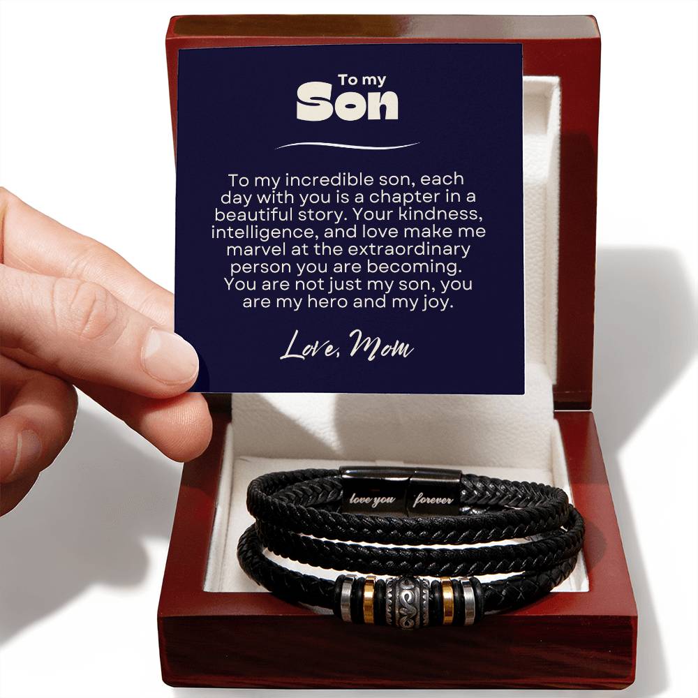 Sentimental Gift for Son from Mom - Love You Forever Braided Vegan Leather Bracelet