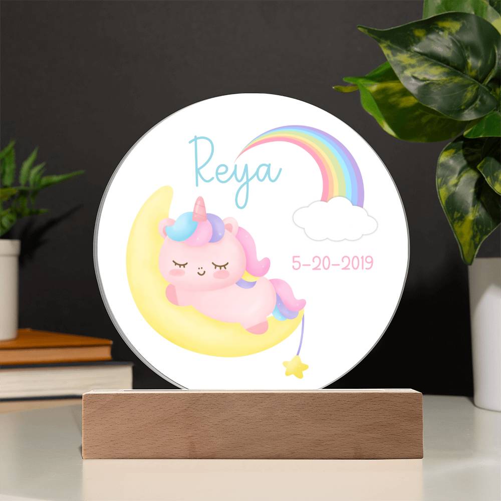 Custom Name and Birthdate Sleeping Unicorn Rainbow - LED Acrylic Night Light for Child