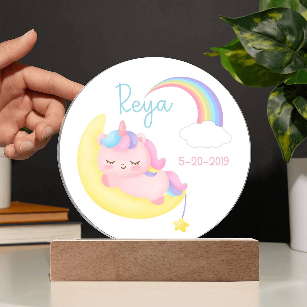 Custom Name and Birthdate Sleeping Unicorn Rainbow - LED Acrylic Night Light for Child