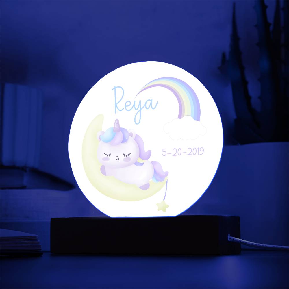 Custom Name and Birthdate Sleeping Unicorn Rainbow - LED Acrylic Night Light for Child