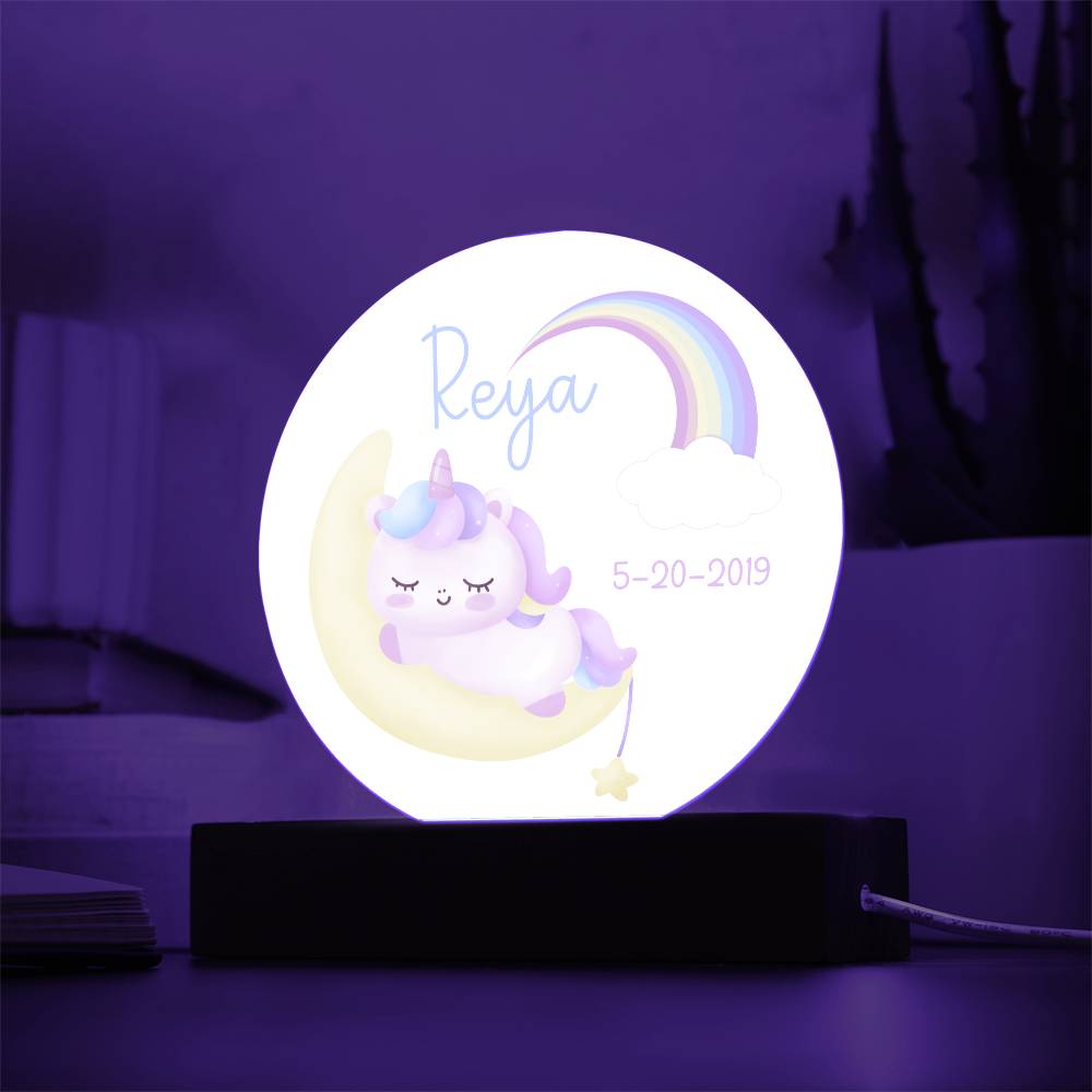 Custom Name and Birthdate Sleeping Unicorn Rainbow - LED Acrylic Night Light for Child