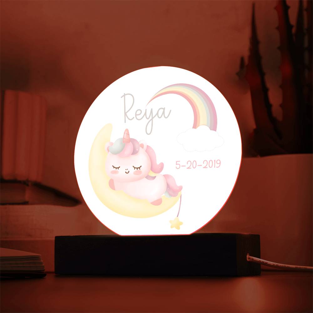 Custom Name and Birthdate Sleeping Unicorn Rainbow - LED Acrylic Night Light for Child