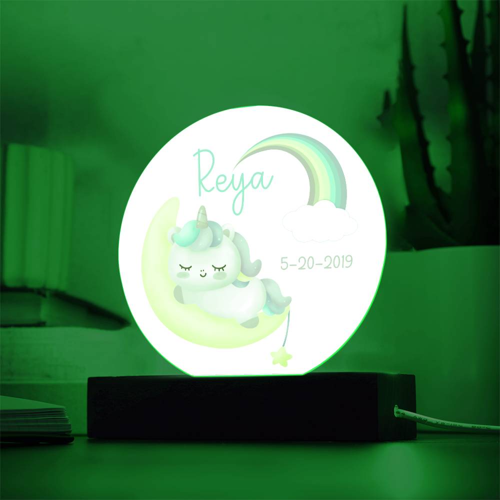 Custom Name and Birthdate Sleeping Unicorn Rainbow - LED Acrylic Night Light for Child