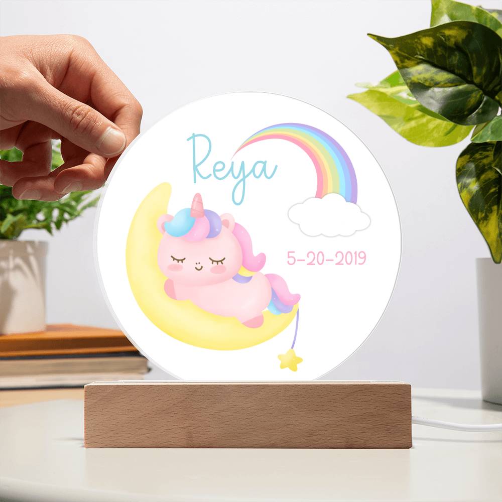 Custom Name and Birthdate Sleeping Unicorn Rainbow - LED Acrylic Night Light for Child