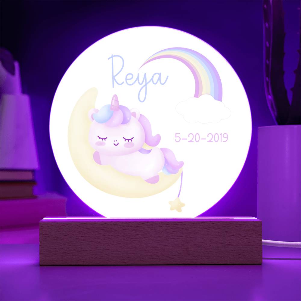 Custom Name and Birthdate Sleeping Unicorn Rainbow - LED Acrylic Night Light for Child