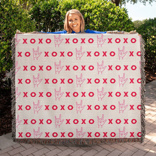 Valentine's Day Anniversary Gift - XO XO "I love you" ASL Blanket for Her - Heirloom Woven Blanket 50 x 60"