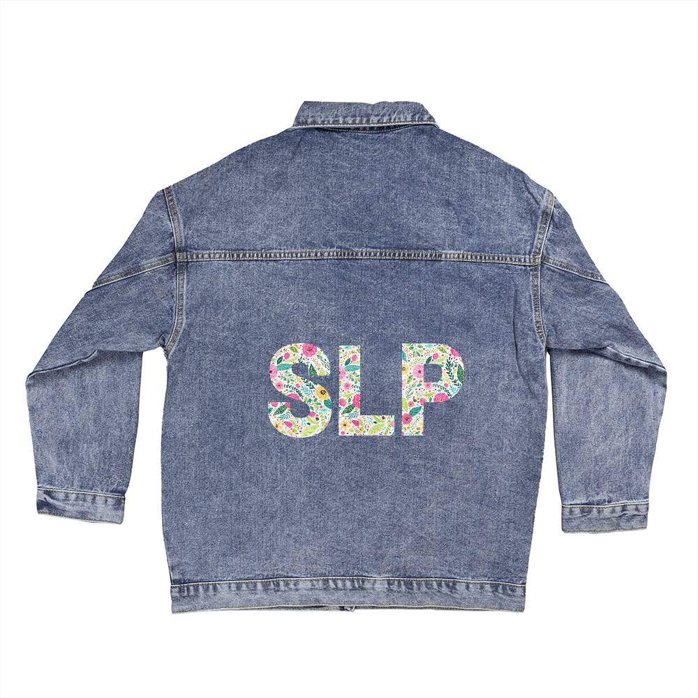 Floral SLP Printed Oversized Jean Jacket for Speech-Language Pathologist