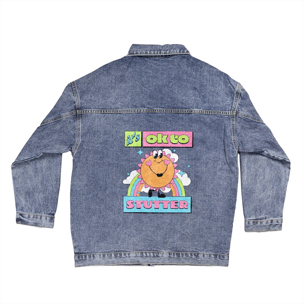 It's OK to Stutter Cute Retro Sun - Women's Oversized Jean Jacket