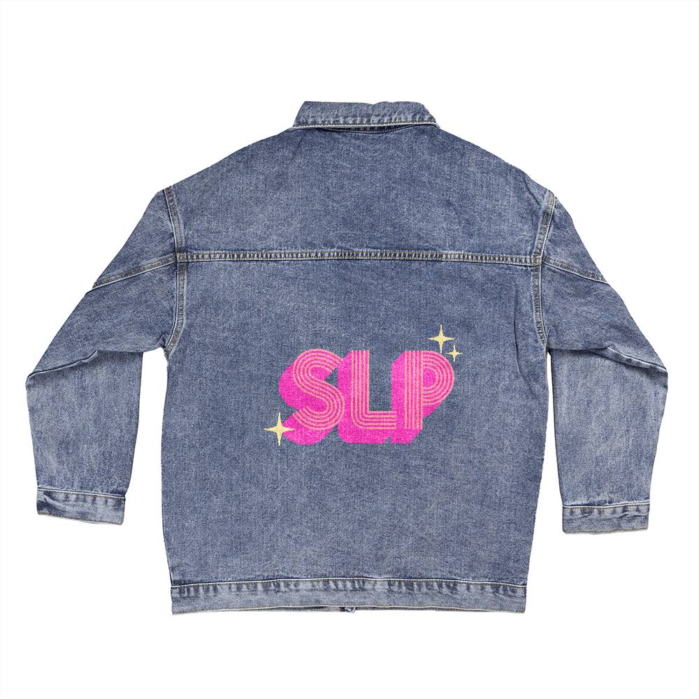 Retro Pink SLP Oversized Jean Jacket for Speech-Language Pathologist