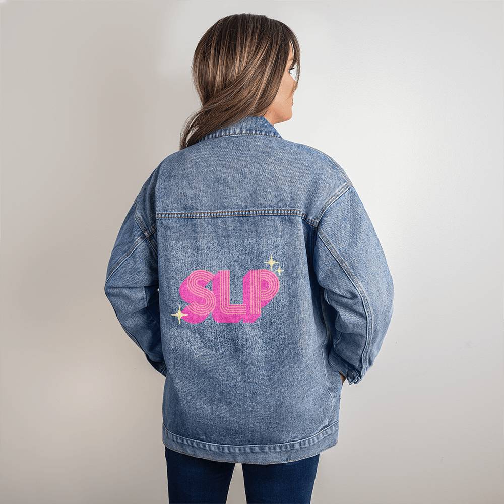 Retro Pink SLP Oversized Jean Jacket for Speech-Language Pathologist