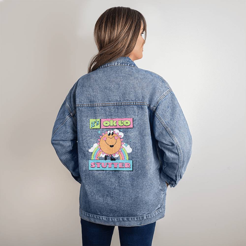 It's OK to Stutter Cute Retro Sun - Women's Oversized Jean Jacket