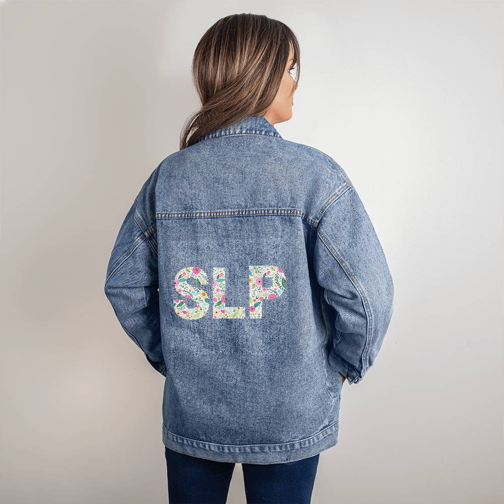 Floral SLP Printed Oversized Jean Jacket for Speech-Language Pathologist