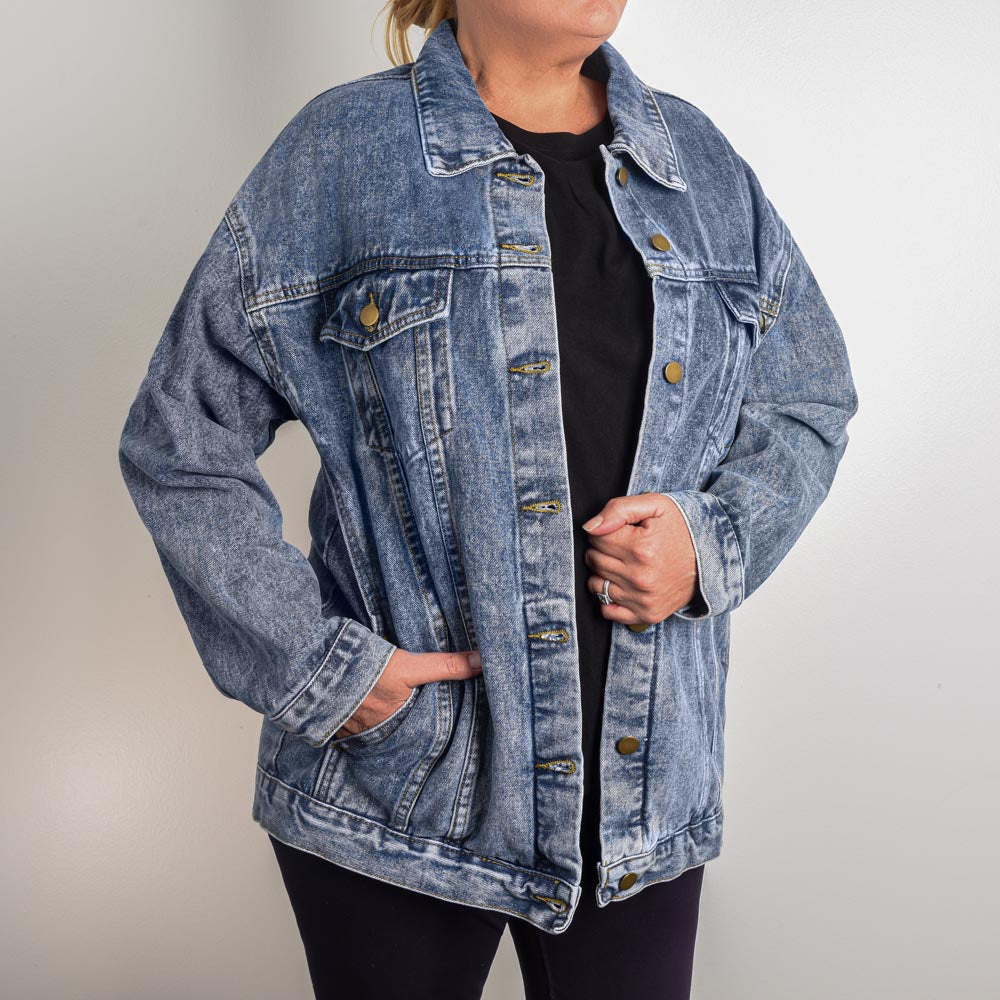 It's OK to Stutter Cute Retro Sun - Women's Oversized Jean Jacket