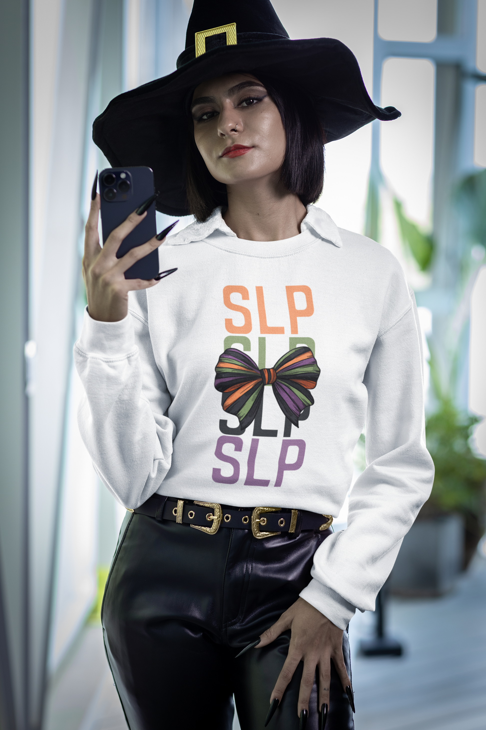 SLP Coquette Bow Halloween Sweatshirt for Speech-Language Pathologist