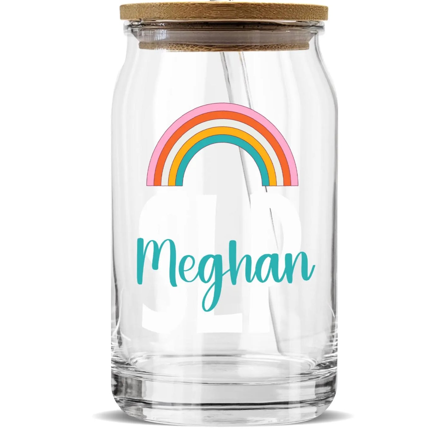 Custom SLP Sipper Glass With Lid & Straw, Rainbow Sculpted Drinking Iced Coffee Glass, Personalized Speech Language Pathology Student Gift