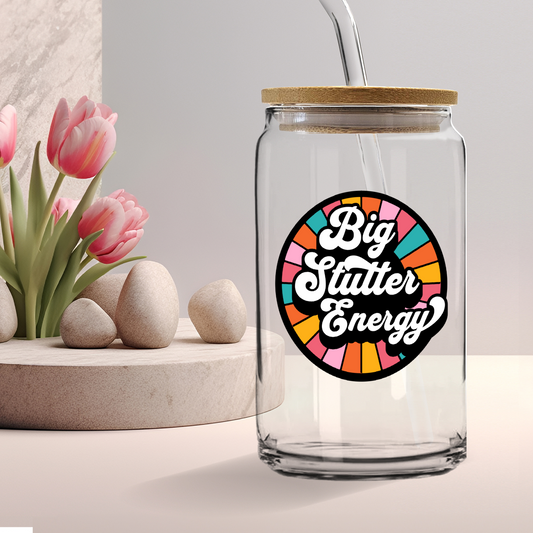 Big Stutter Energy Retro Iced Coffee Sipper Glass With Lid & Straw 