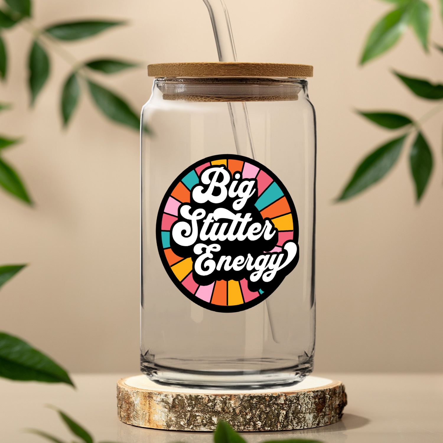 Big Stutter Energy Retro Iced Coffee Sipper Glass With Lid & Straw 