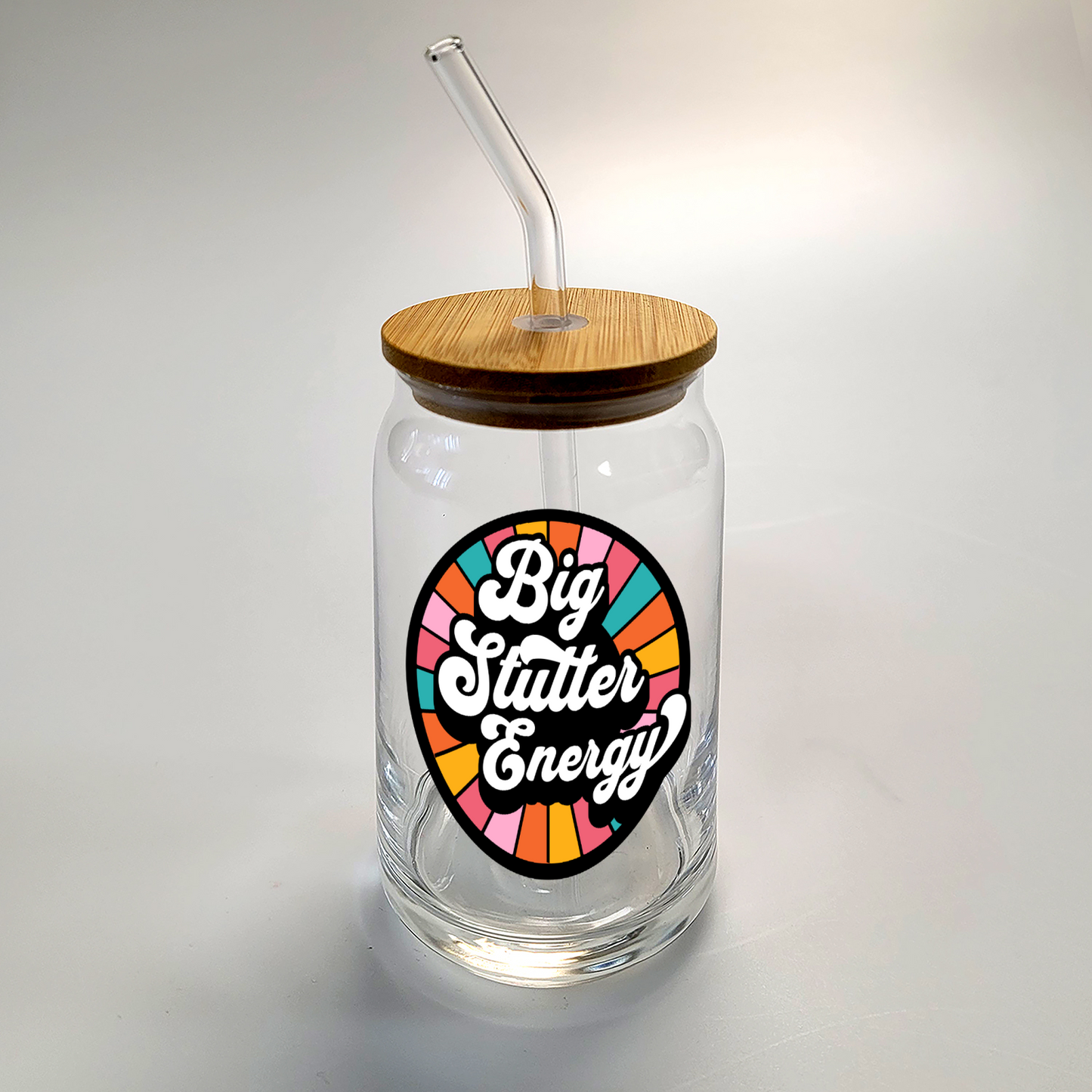 Big Stutter Energy Retro Iced Coffee Sipper Glass With Lid & Straw 