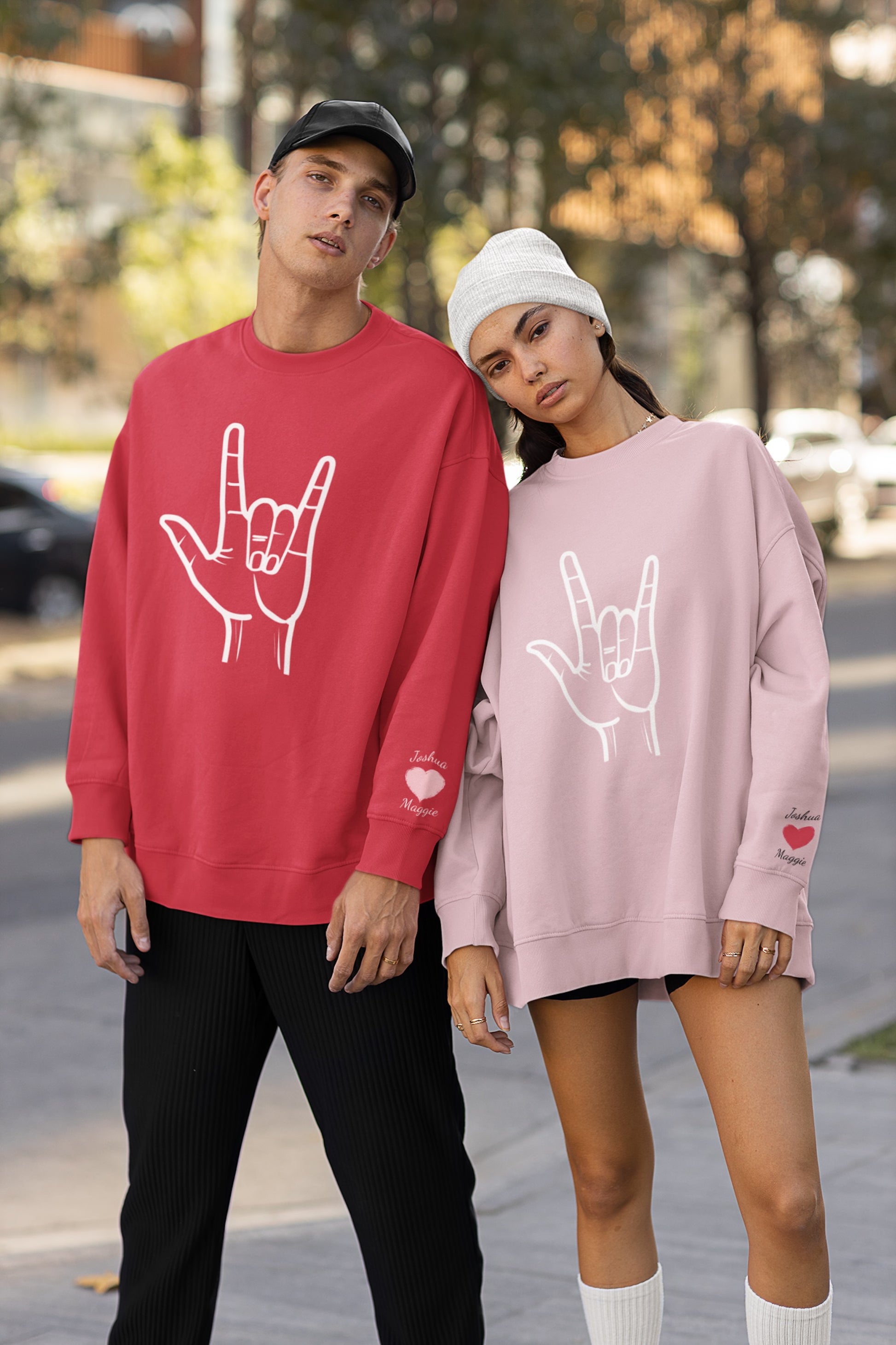 ASL I Love You Valentine's Day Custom Sweatshirt with Names on Sleeve Print Gift for Girlfriend