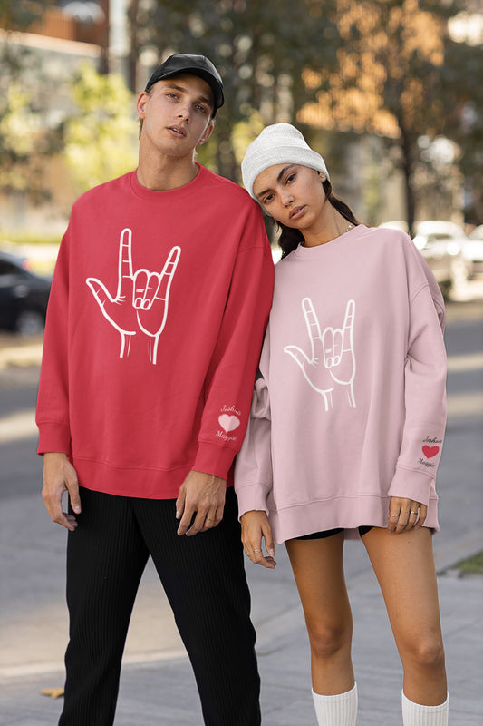 ASL I Love You Valentine's Day Custom Sweatshirt with Names on Sleeve Print Gift for Girlfriend