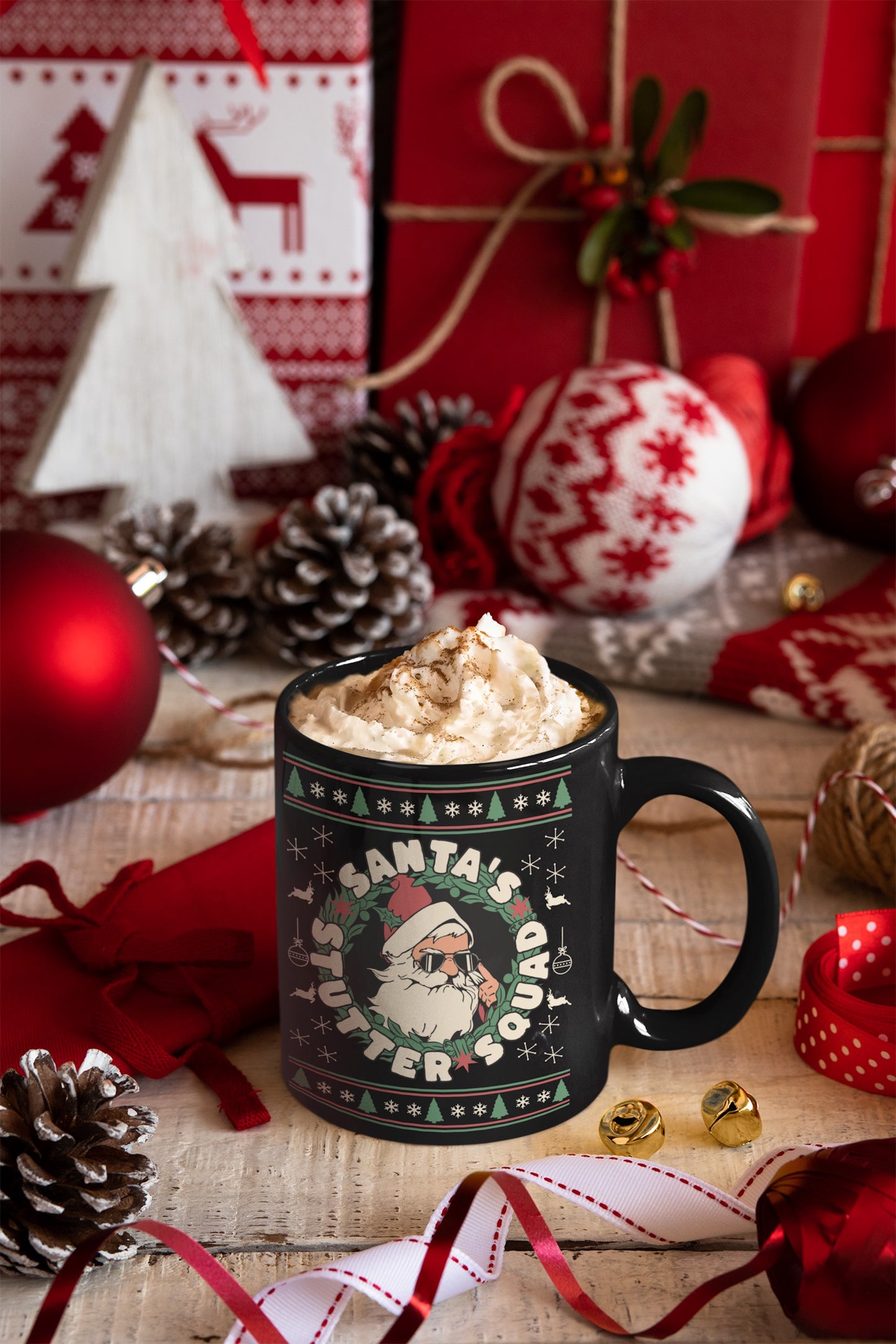 Santa's Stutter Squad Ugly Christmas Black Coffee Mug, 11 oz