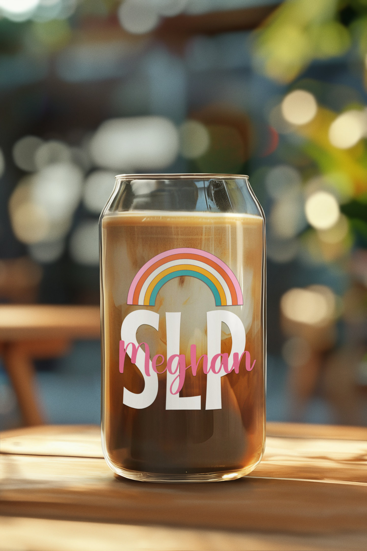 Custom SLP Sipper Glass With Lid & Straw, Rainbow Sculpted Drinking Iced Coffee Glass, Personalized Speech Language Pathology Student Gift