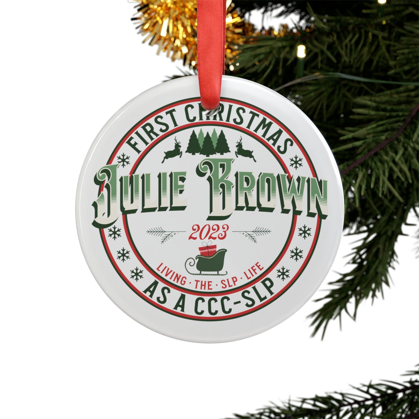 SLP Custom Name Retro First Christmas Ornament Metal