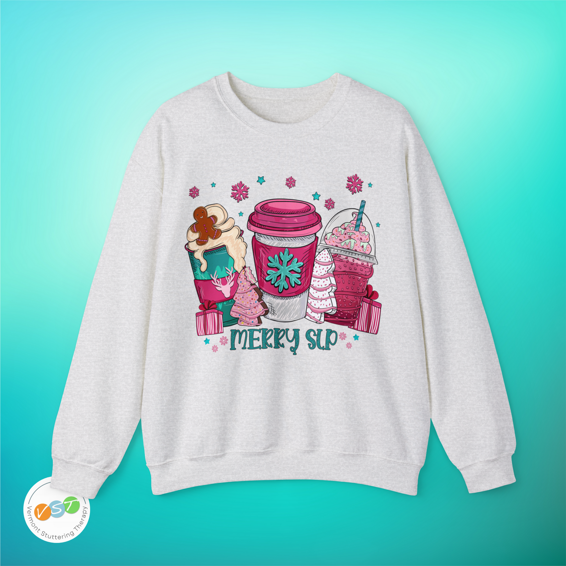 Merry SLP Pink and Blue Coffee Cup Christmas Sweatshirt