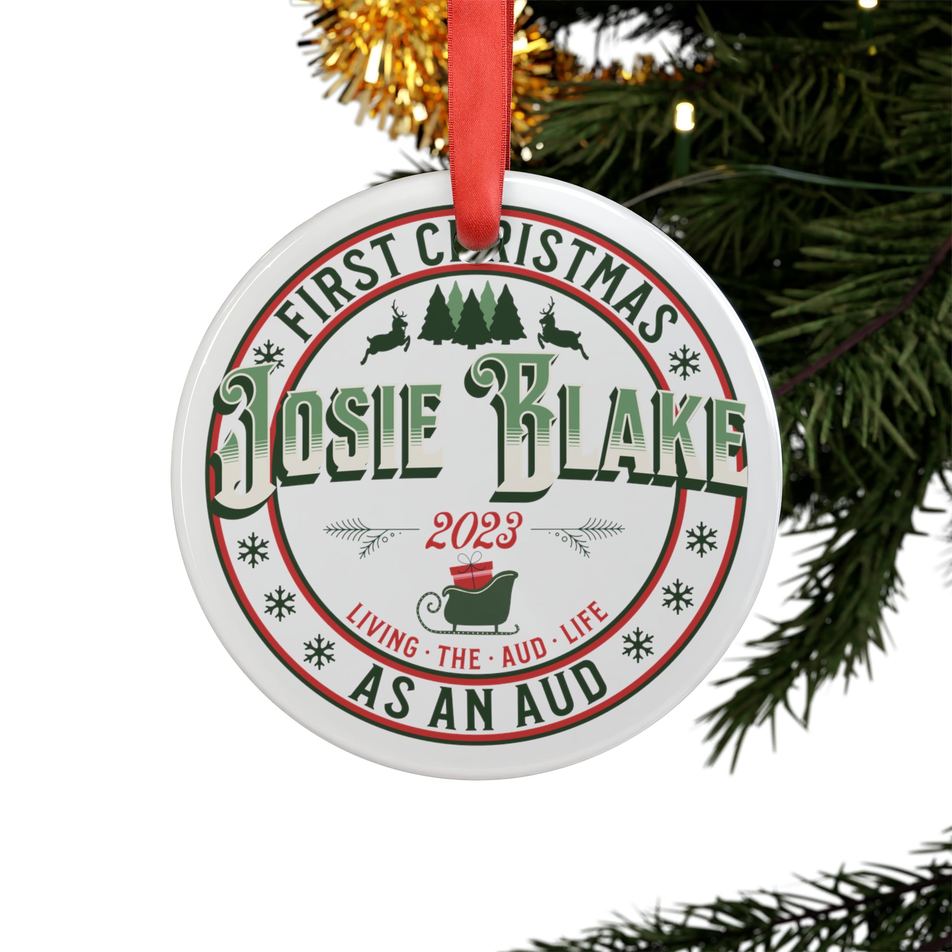 AuD Custom Name Retro First Christmas Ornament