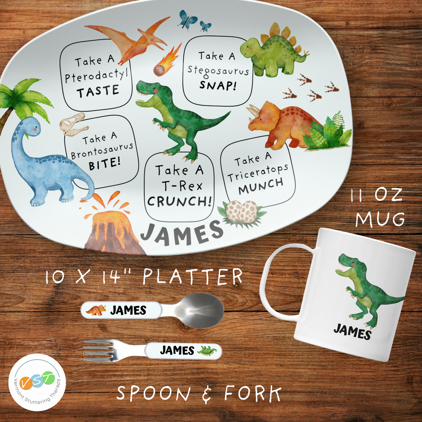 Picky Eater Dinosaur Kids Custom Dinnerware Set - Unbreakable BPA-Free