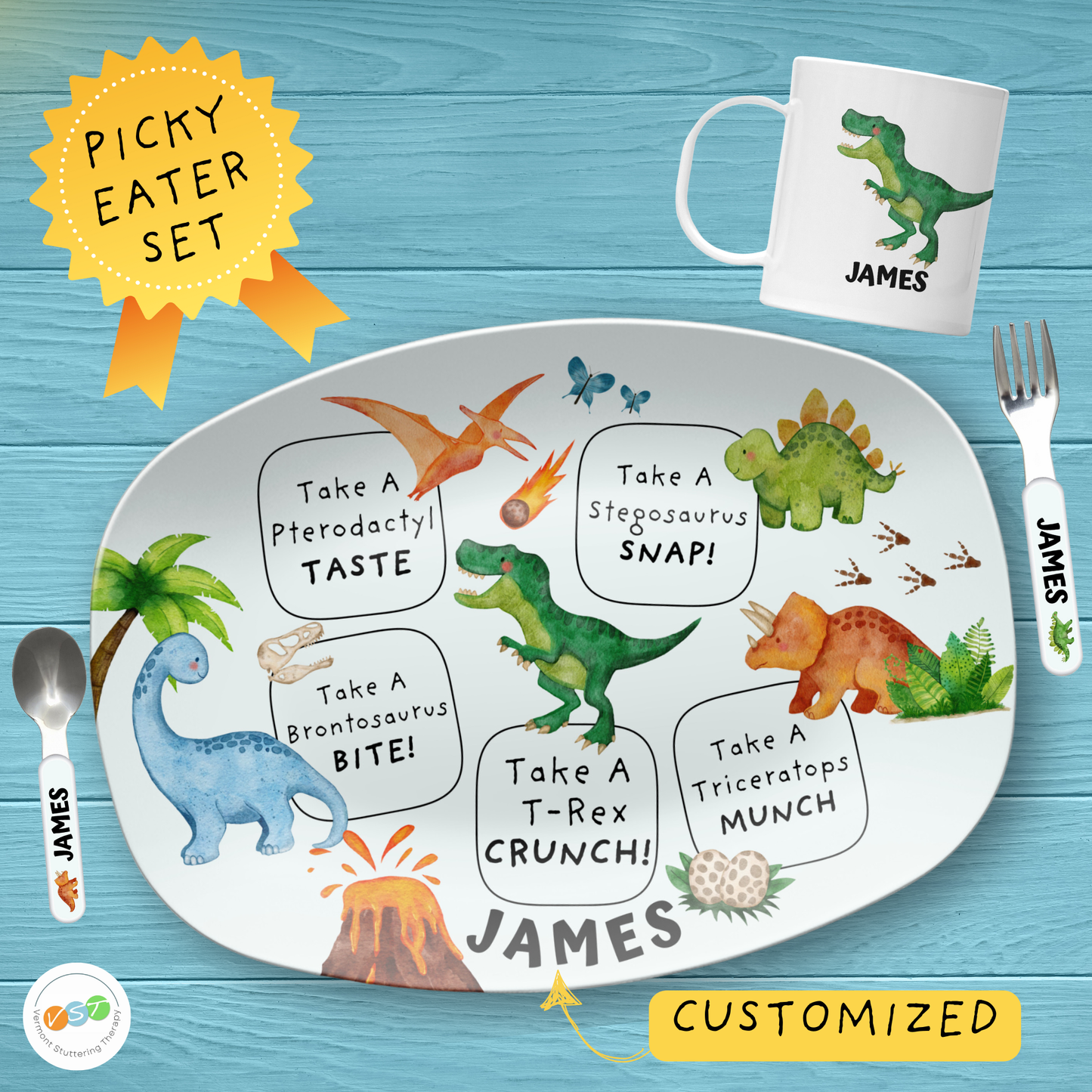 Picky Eater Dinosaur Kids Custom Dinnerware Set - Unbreakable BPA-Free