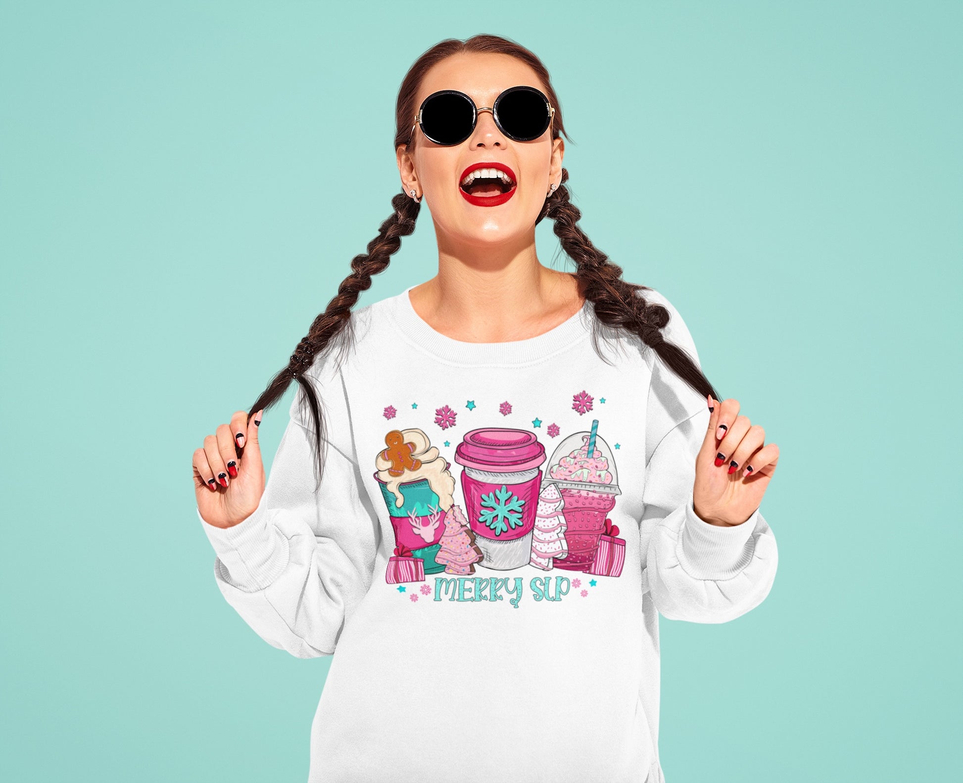 Merry SLP Pink and Blue Coffee Cup Christmas Sweatshirt