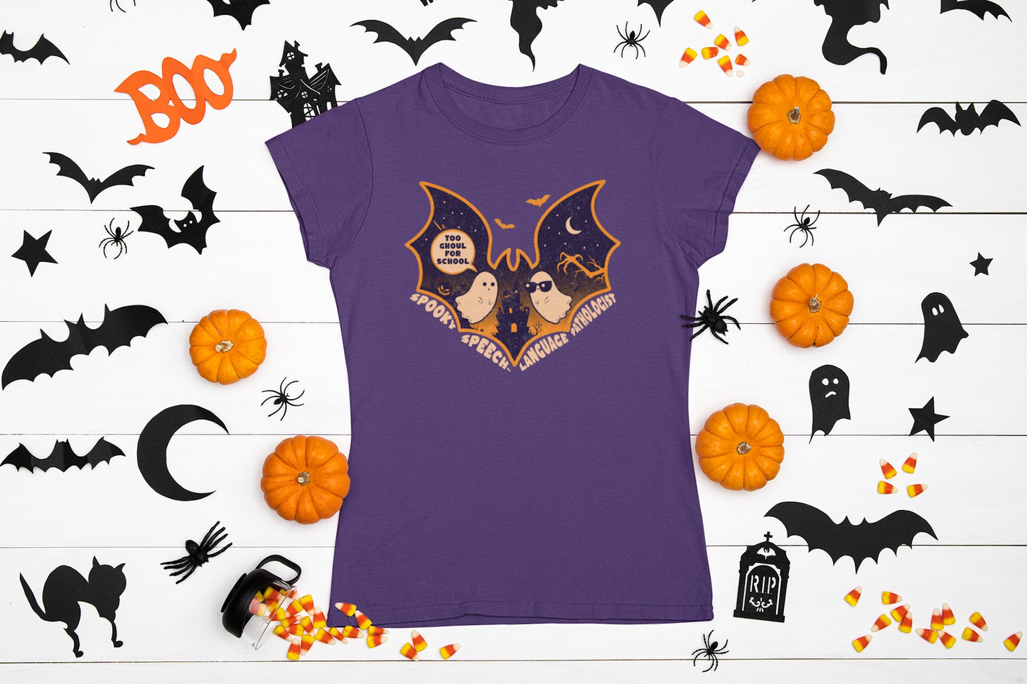 Too Ghoul for School Bat Halloween T-shirt for SLP