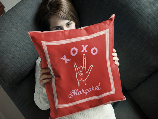 Valentine's Day Custom Name Pillow - ASL I Love You Square Pillow V-Day Gift for Her